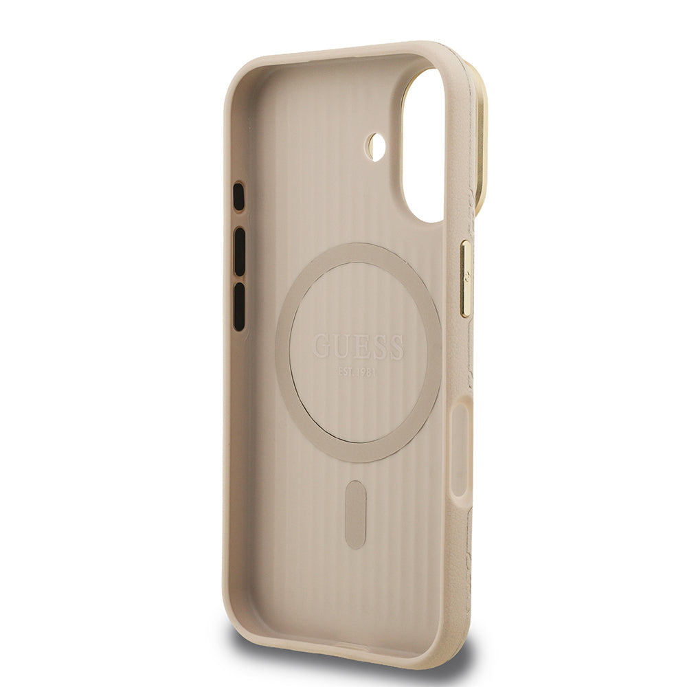 iPhone 16 Kılıf Guess Orjinal Lisanslı M-safe Şarj Özellikli Sıcak Baskılı Yazı Logolu Kamera Standlı PU Deri Peony Kılıf
