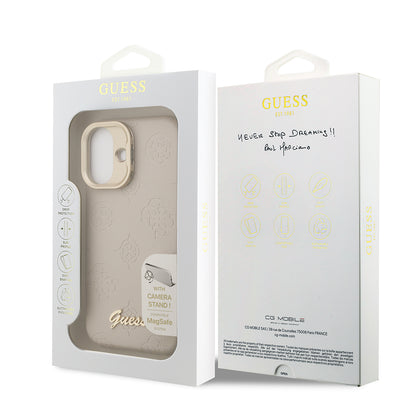 iPhone 16 Kılıf Guess Orjinal Lisanslı M-safe Şarj Özellikli Sıcak Baskılı Yazı Logolu Kamera Standlı PU Deri Peony Kılıf