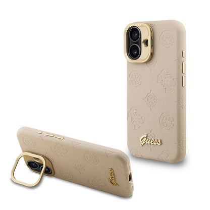 iPhone 16 Kılıf Guess Orjinal Lisanslı M-safe Şarj Özellikli Sıcak Baskılı Yazı Logolu Kamera Standlı PU Deri Peony Kılıf
