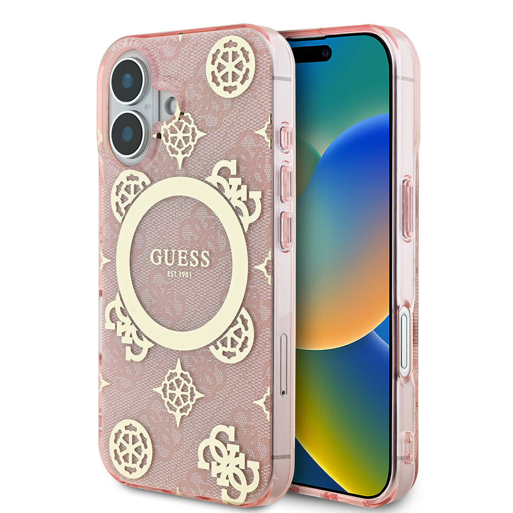 iPhone 16 Kılıf Guess Orjinal Lisanslı M-safe Şarj Özellikli 4G Desenli IML Yazı Logolu Peony Kılıf
