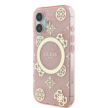 iPhone 16 Kılıf Guess Orjinal Lisanslı M-safe Şarj Özellikli 4G Desenli IML Yazı Logolu Peony Kılıf
