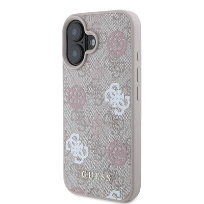 Apple iPhone 16 Kılıf Guess Orjinal Lisanslı Magsafe Şarj Özellikli 4G Desenli Yazı Logolu Peony Kapak Kahverengi