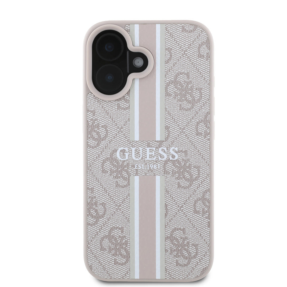 Apple iPhone 16 Kılıf Guess Orjinal Lisanslı Magsafe Şarj Özellikli 4G Şerit Tasarımlı Printed Kapak Pembe