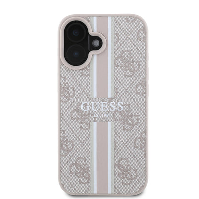 Apple iPhone 16 Kılıf Guess Orjinal Lisanslı Magsafe Şarj Özellikli 4G Şerit Tasarımlı Printed Kapak Pembe