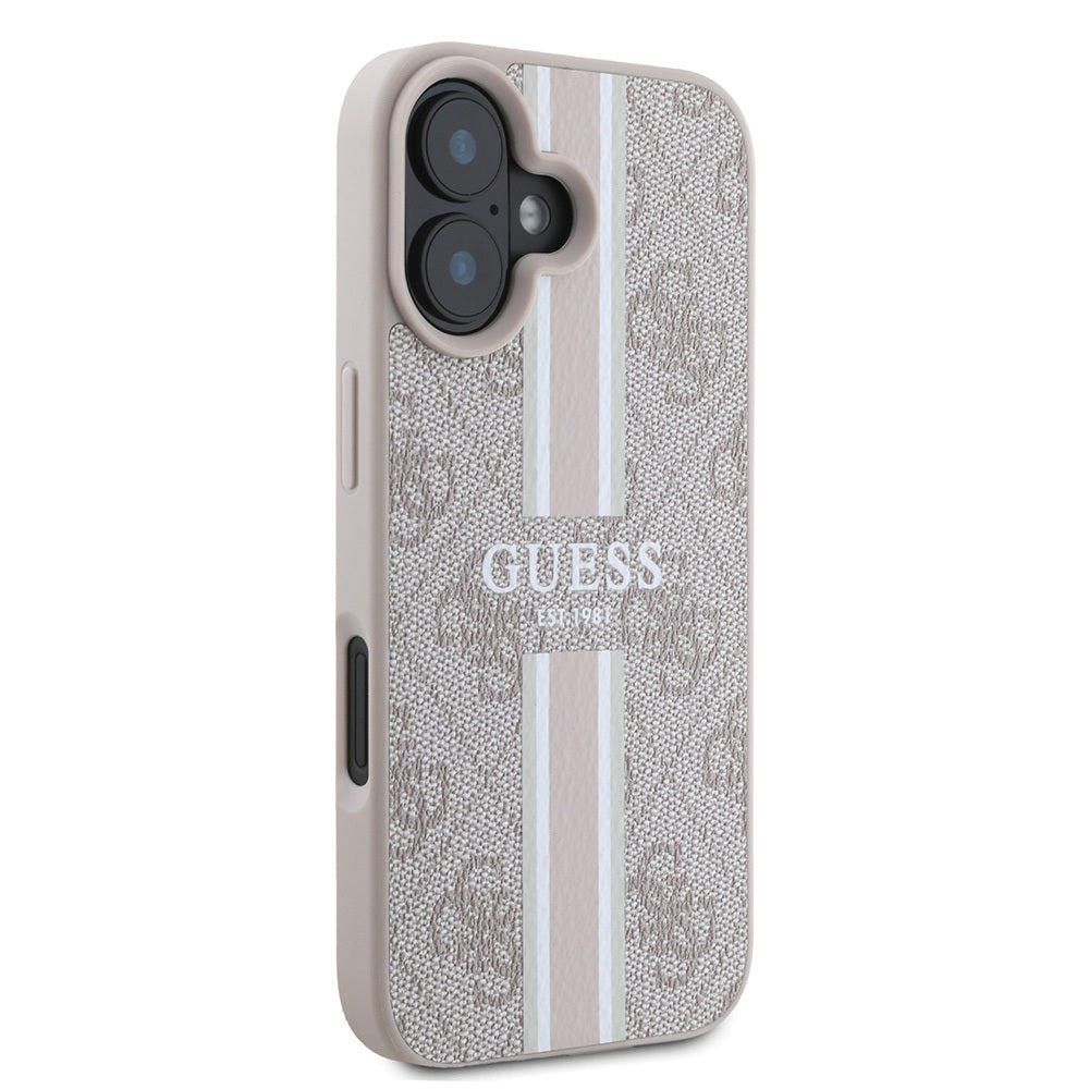 Apple iPhone 16 Kılıf Guess Orjinal Lisanslı Magsafe Şarj Özellikli 4G Şerit Tasarımlı Printed Kapak Pembe