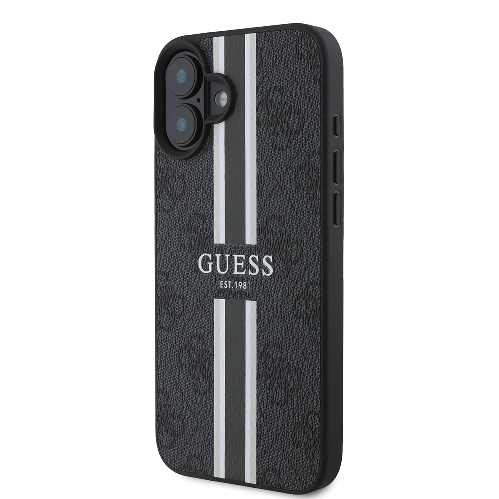 Apple iPhone 16 Kılıf Guess Orjinal Lisanslı Magsafe Şarj Özellikli 4G Şerit Tasarımlı Printed Kapak Kahverengi