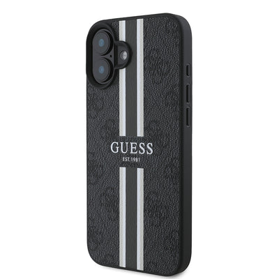 Apple iPhone 16 Kılıf Guess Orjinal Lisanslı Magsafe Şarj Özellikli 4G Şerit Tasarımlı Printed Kapak Kahverengi