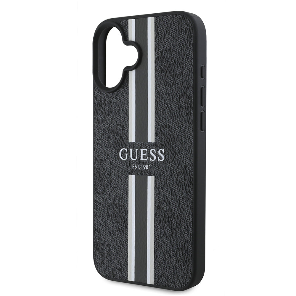 Apple iPhone 16 Kılıf Guess Orjinal Lisanslı Magsafe Şarj Özellikli 4G Şerit Tasarımlı Printed Kapak Kahverengi