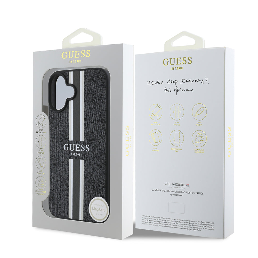 Apple iPhone 16 Kılıf Guess Orjinal Lisanslı Magsafe Şarj Özellikli 4G Şerit Tasarımlı Printed Kapak Kahverengi
