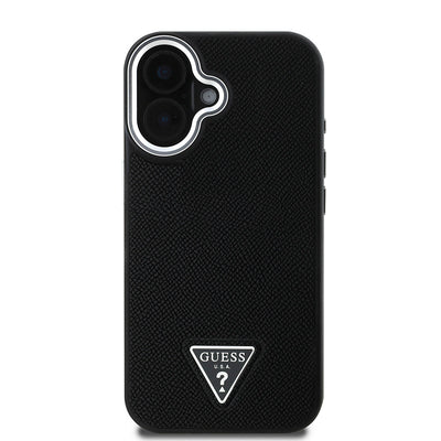 Apple iPhone 16 Kılıf Guess Orjinal Lisanslı Magsafe Şarj Özellikli Grained Triangle Kapak Siyah
