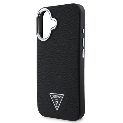 Apple iPhone 16 Kılıf Guess Orjinal Lisanslı Magsafe Şarj Özellikli Grained Triangle Kapak Siyah
