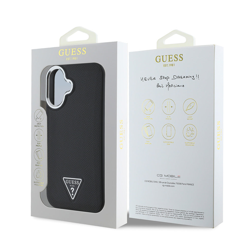 Apple iPhone 16 Kılıf Guess Orjinal Lisanslı Magsafe Şarj Özellikli Grained Triangle Kapak Siyah