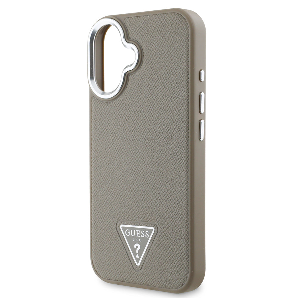 Apple iPhone 16 Kılıf Guess Orjinal Lisanslı Magsafe Şarj Özellikli Grained Triangle Kapak Kahverengi
