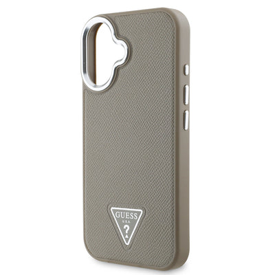 Apple iPhone 16 Kılıf Guess Orjinal Lisanslı Magsafe Şarj Özellikli Grained Triangle Kapak Kahverengi