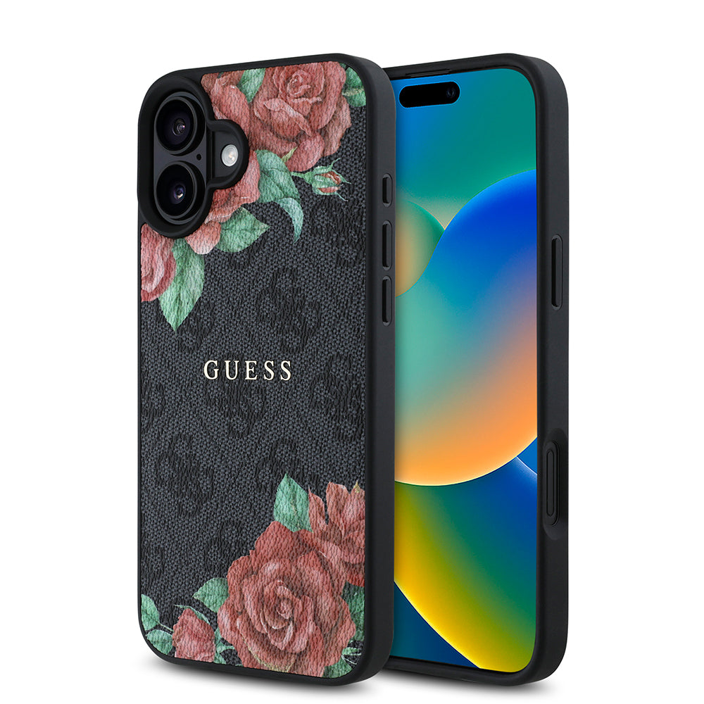 iPhone 16 Kılıf Guess Orjinal Lisanslı M-safe Şarj Özellikli Gül Baskılı 4G Desenli Yazı Logolu Kılıf