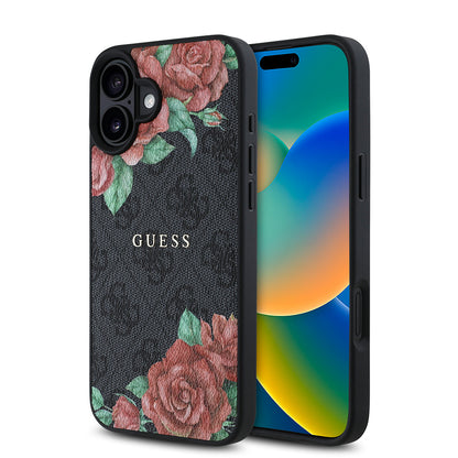 iPhone 16 Kılıf Guess Orjinal Lisanslı M-safe Şarj Özellikli Gül Baskılı 4G Desenli Yazı Logolu Kılıf