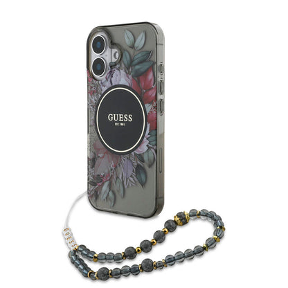 iPhone 16 Kılıf Guess Orjinal Lisanslı M-safe Şarj Özellikli IML Baskılı Çiçek İnci Bileklikli Kılıf