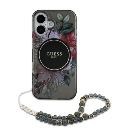 iPhone 16 Kılıf Guess Orjinal Lisanslı M-safe Şarj Özellikli IML Baskılı Çiçek İnci Bileklikli Kılıf