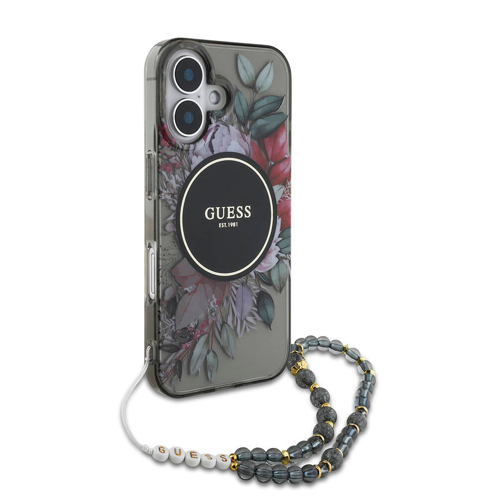 iPhone 16 Kılıf Guess Orjinal Lisanslı M-safe Şarj Özellikli IML Baskılı Çiçek İnci Bileklikli Kılıf