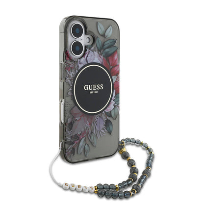 iPhone 16 Kılıf Guess Orjinal Lisanslı M-safe Şarj Özellikli IML Baskılı Çiçek İnci Bileklikli Kılıf