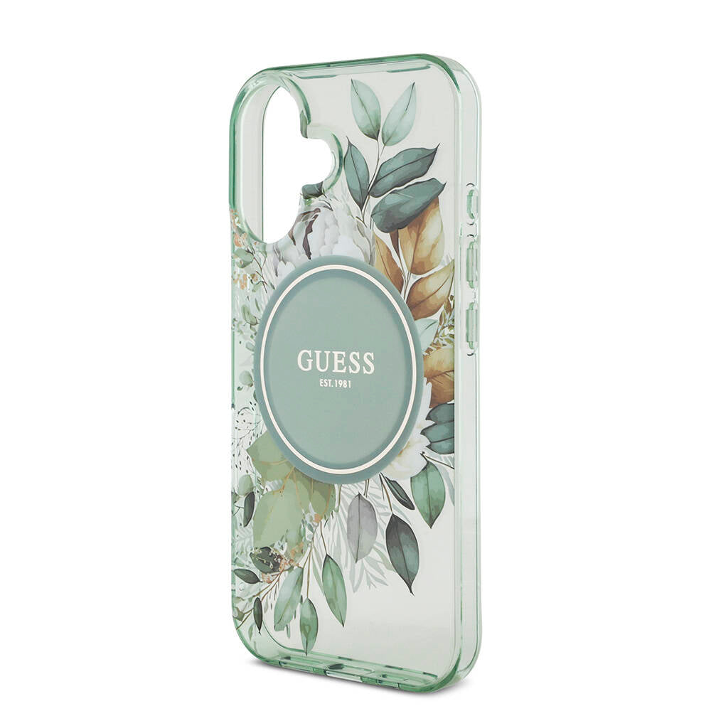 iPhone 16 Kılıf Guess Orjinal Lisanslı M-safe Şarj Özellikli IML Baskılı Çiçek İnci Bileklikli Kılıf