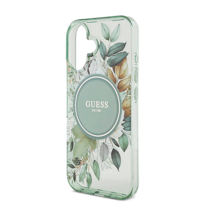 iPhone 16 Kılıf Guess Orjinal Lisanslı M-safe Şarj Özellikli IML Baskılı Çiçek İnci Bileklikli Kılıf