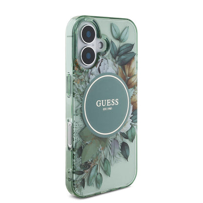 iPhone 16 Kılıf Guess Orjinal Lisanslı M-safe Şarj Özellikli IML Baskılı Çiçek İnci Bileklikli Kılıf