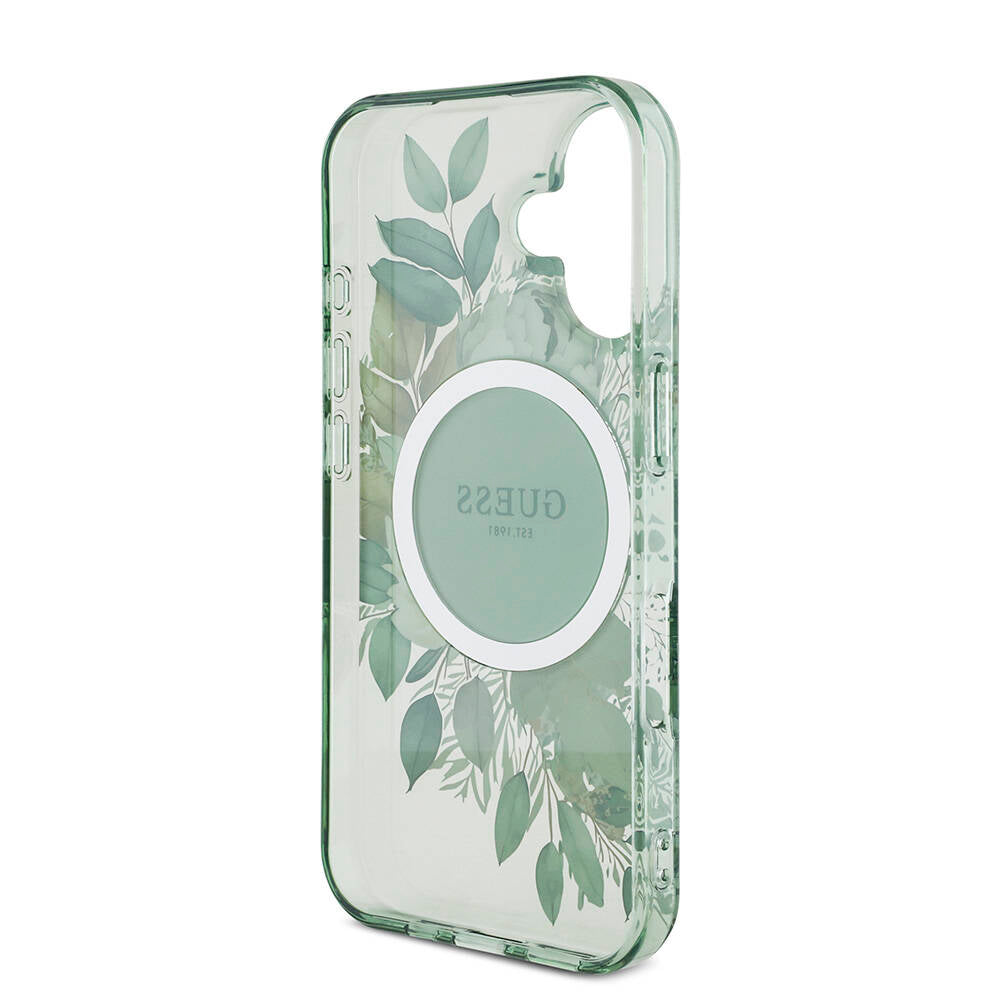 iPhone 16 Kılıf Guess Orjinal Lisanslı M-safe Şarj Özellikli IML Baskılı Çiçek İnci Bileklikli Kılıf