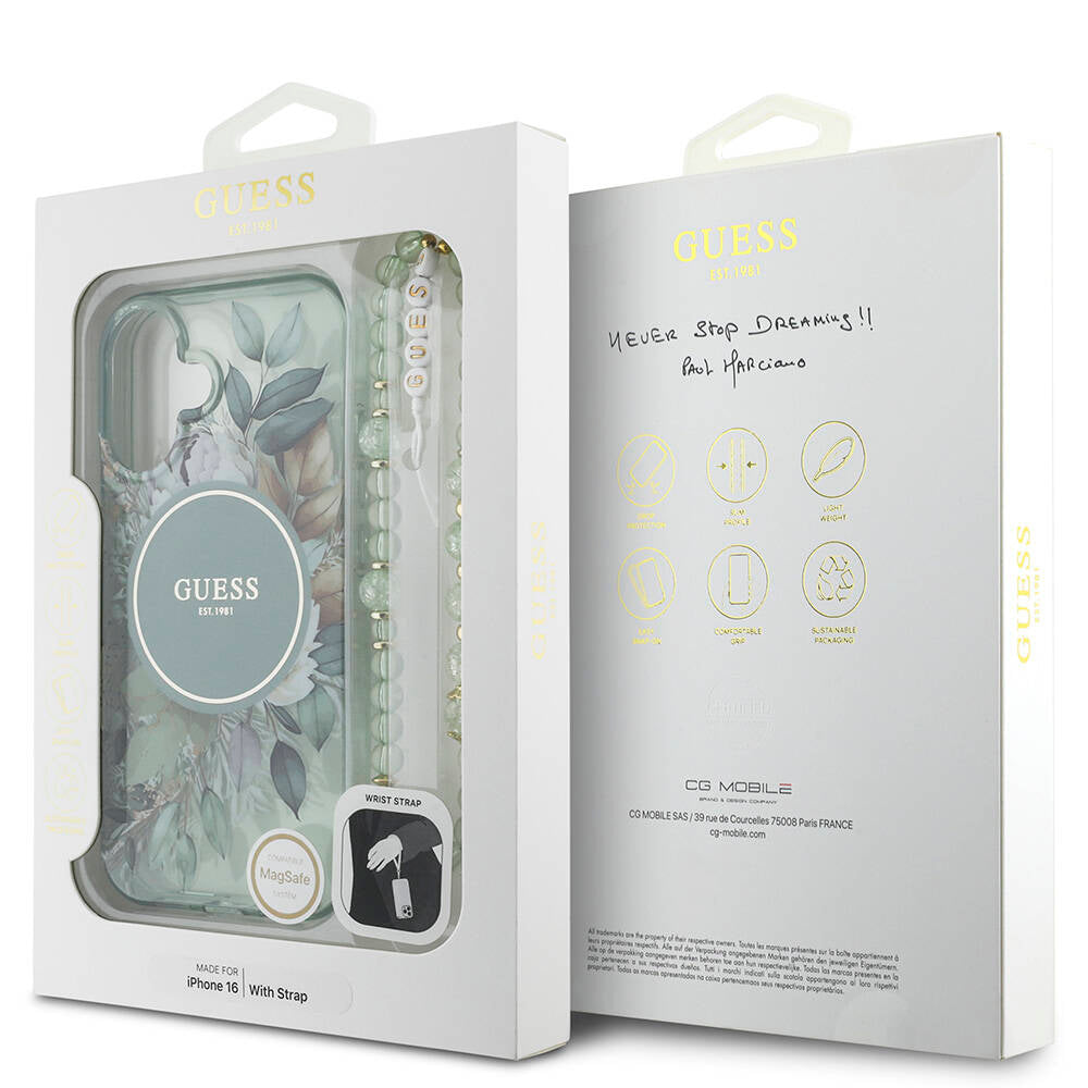 iPhone 16 Kılıf Guess Orjinal Lisanslı M-safe Şarj Özellikli IML Baskılı Çiçek İnci Bileklikli Kılıf