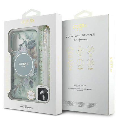 iPhone 16 Kılıf Guess Orjinal Lisanslı M-safe Şarj Özellikli IML Baskılı Çiçek İnci Bileklikli Kılıf