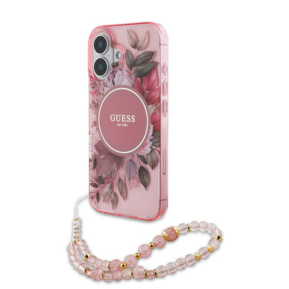 iPhone 16 Kılıf Guess Orjinal Lisanslı M-safe Şarj Özellikli IML Baskılı Çiçek İnci Bileklikli Kılıf