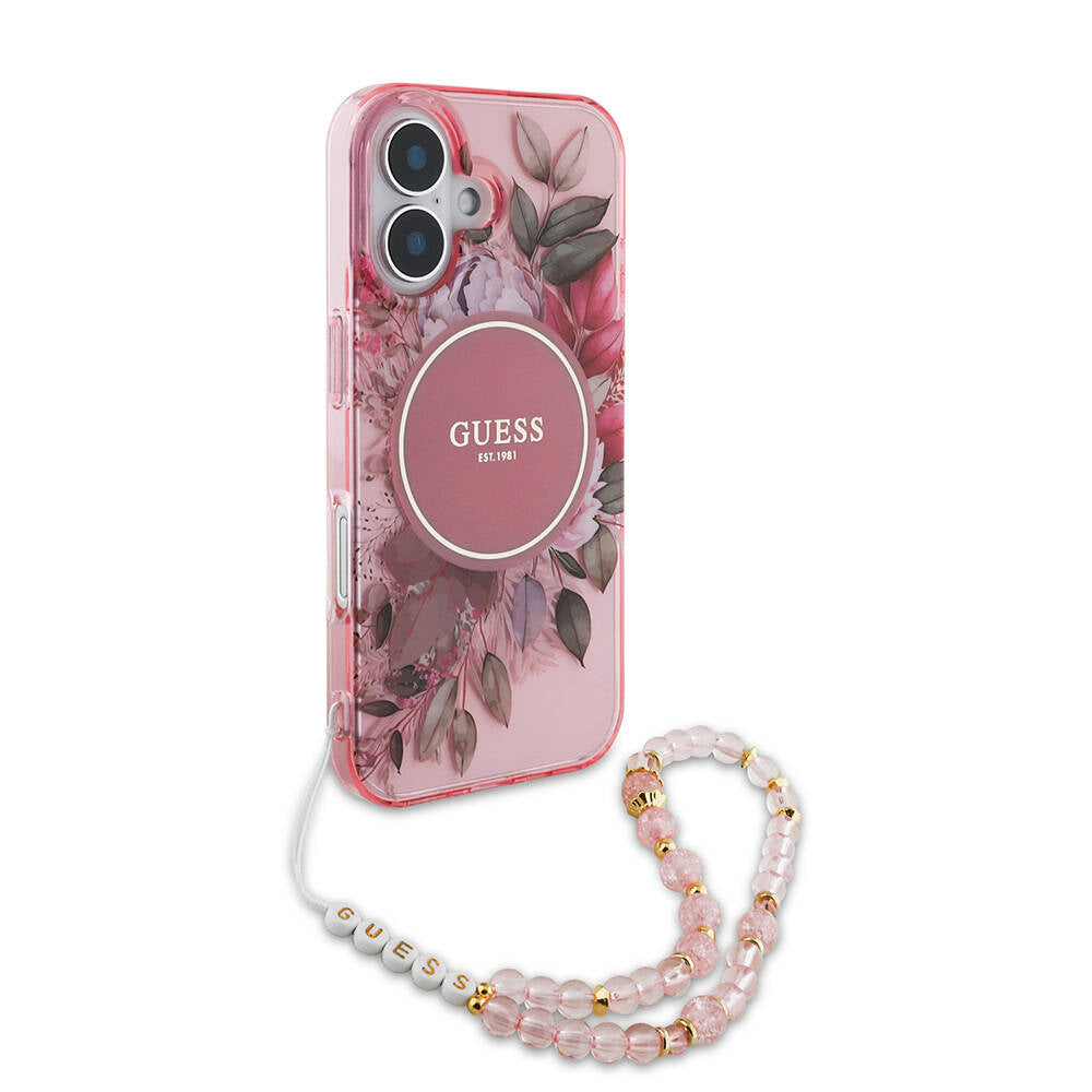 iPhone 16 Kılıf Guess Orjinal Lisanslı M-safe Şarj Özellikli IML Baskılı Çiçek İnci Bileklikli Kılıf