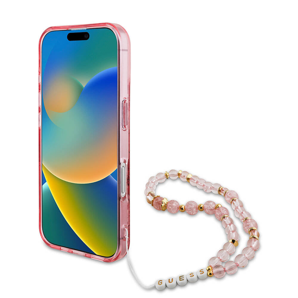 iPhone 16 Kılıf Guess Orjinal Lisanslı M-safe Şarj Özellikli IML Baskılı Çiçek İnci Bileklikli Kılıf