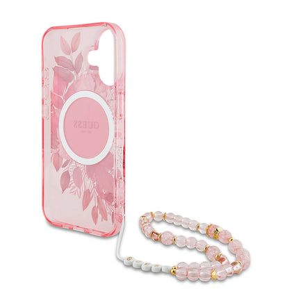 iPhone 16 Kılıf Guess Orjinal Lisanslı M-safe Şarj Özellikli IML Baskılı Çiçek İnci Bileklikli Kılıf