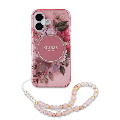 iPhone 16 Kılıf Guess Orjinal Lisanslı M-safe Şarj Özellikli IML Baskılı Çiçek İnci Bileklikli Kılıf