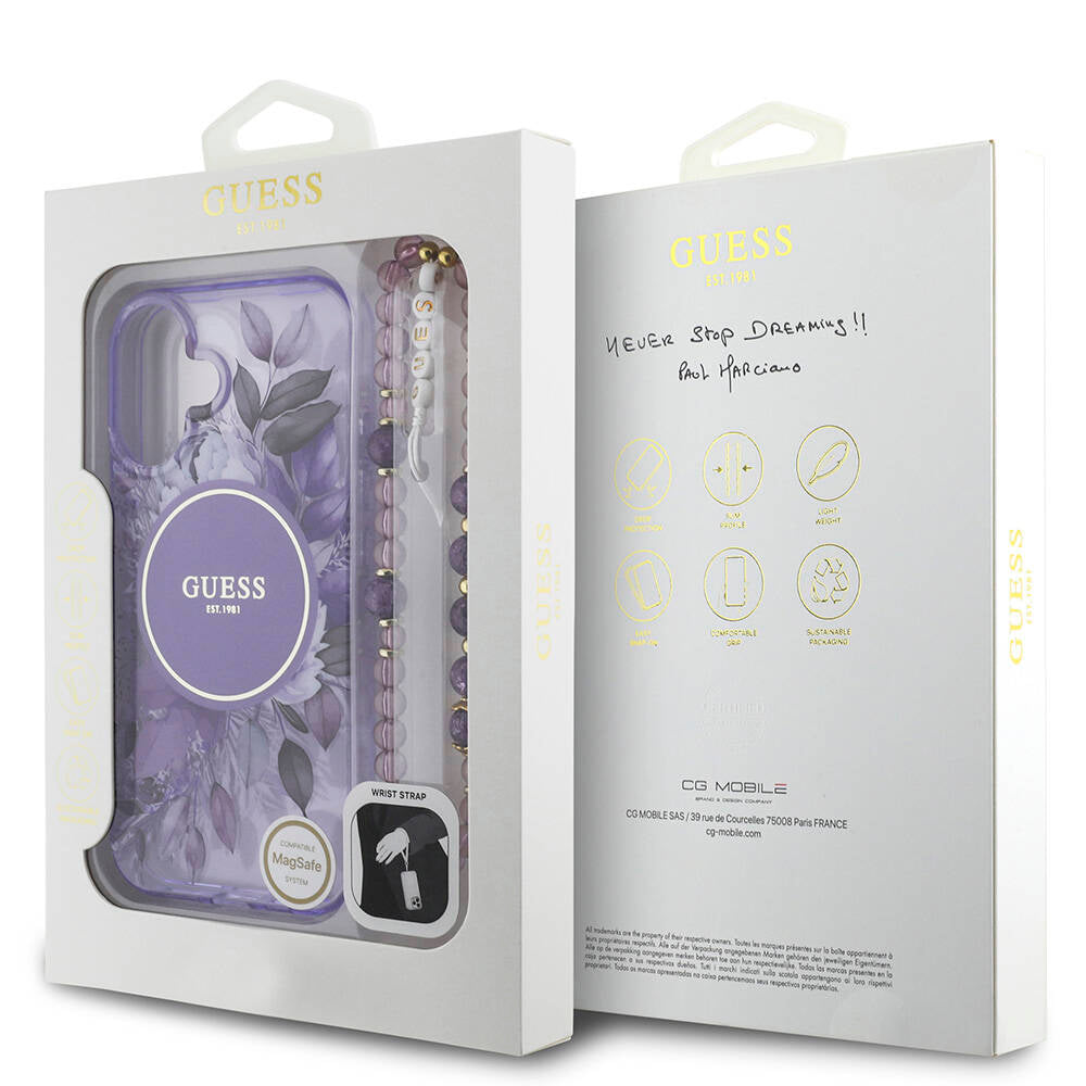 iPhone 16 Kılıf Guess Orjinal Lisanslı M-safe Şarj Özellikli IML Baskılı Çiçek İnci Bileklikli Kılıf