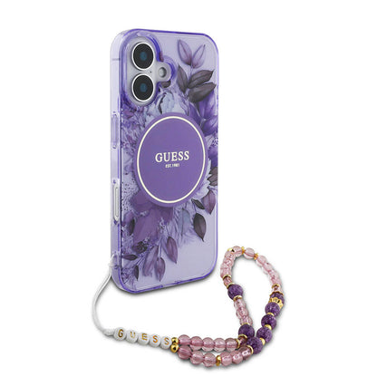 iPhone 16 Kılıf Guess Orjinal Lisanslı M-safe Şarj Özellikli IML Baskılı Çiçek İnci Bileklikli Kılıf