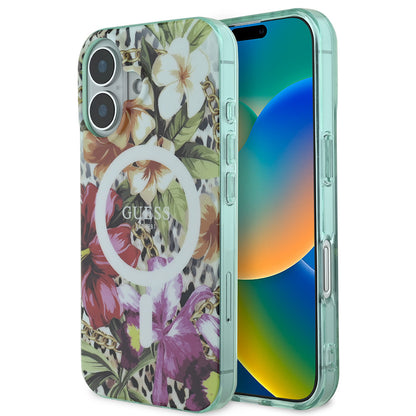 iPhone 16 Kılıf Guess Orjinal Lisanslı M-safe Şarj Özellikli IML Baskılı Jungle Ring Kılıf