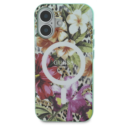 iPhone 16 Kılıf Guess Orjinal Lisanslı M-safe Şarj Özellikli IML Baskılı Jungle Ring Kılıf