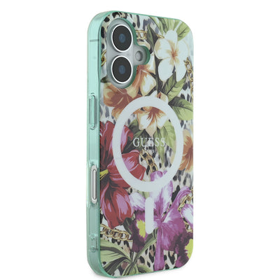 Apple iPhone 16 Kılıf Guess Orjinal Lisanslı Magsafe Şarj Özellikli IML Baskılı Jungle Ring Kapak Yeşil