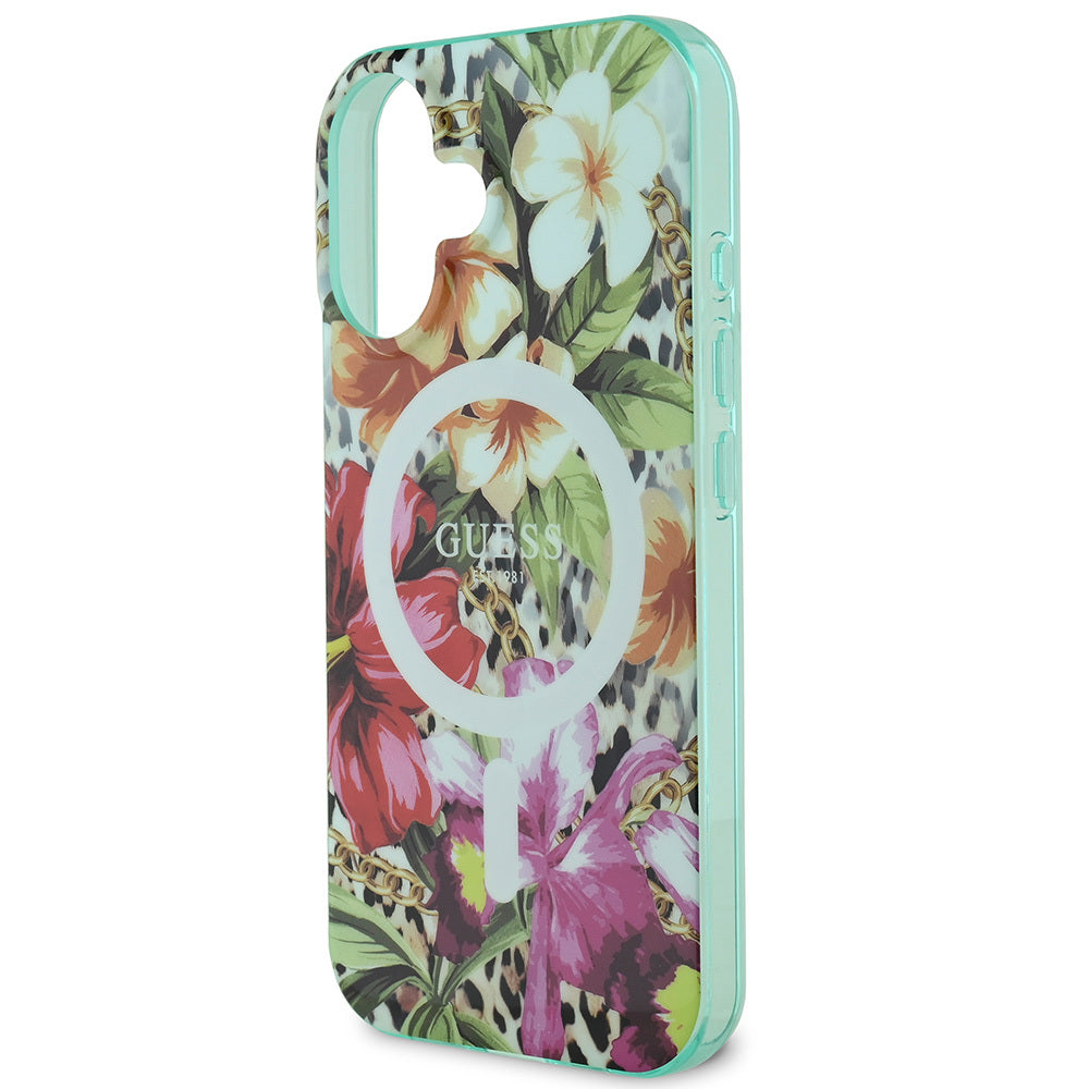 iPhone 16 Kılıf Guess Orjinal Lisanslı M-safe Şarj Özellikli IML Baskılı Jungle Ring Kılıf