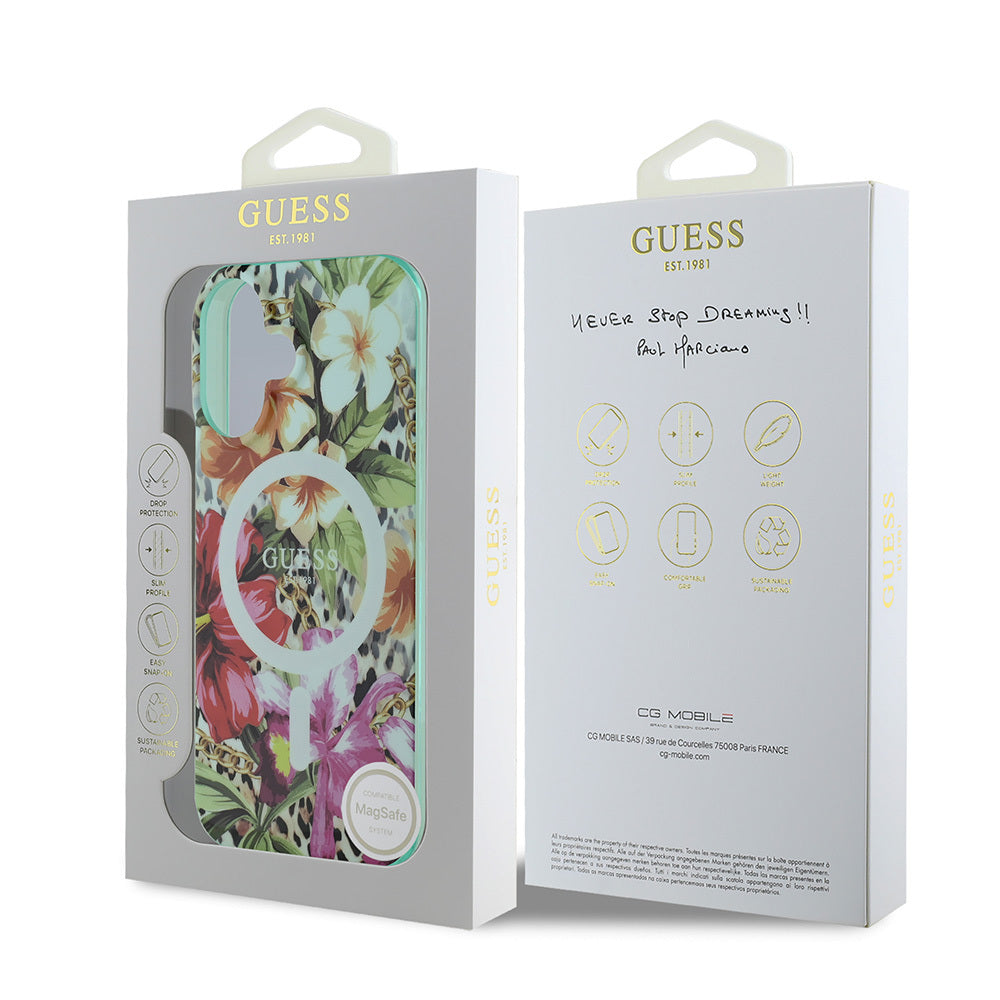 iPhone 16 Kılıf Guess Orjinal Lisanslı M-safe Şarj Özellikli IML Baskılı Jungle Ring Kılıf