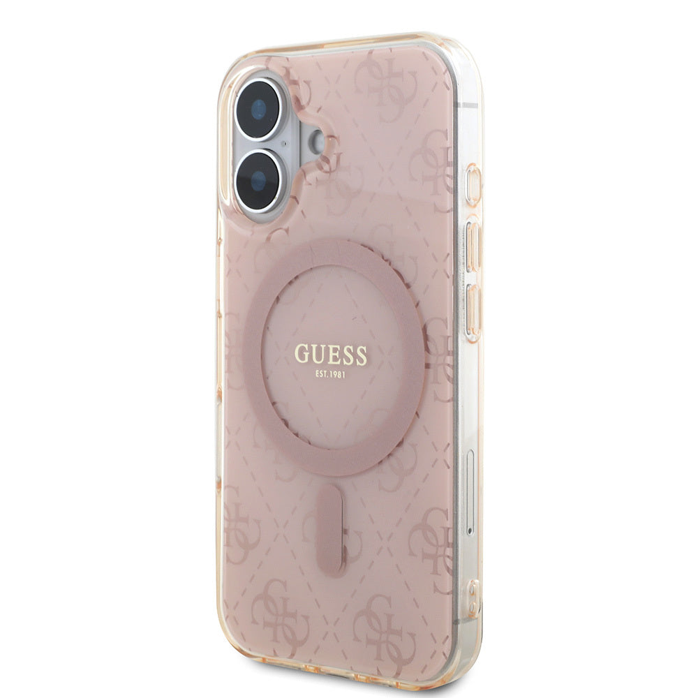 Apple iPhone 16 Kılıf Guess Orjinal Lisanslı Magsafe Şarj Özellikli IML Baskılı Klasik Logolu 4G Desenli Kapak Kahverengi
