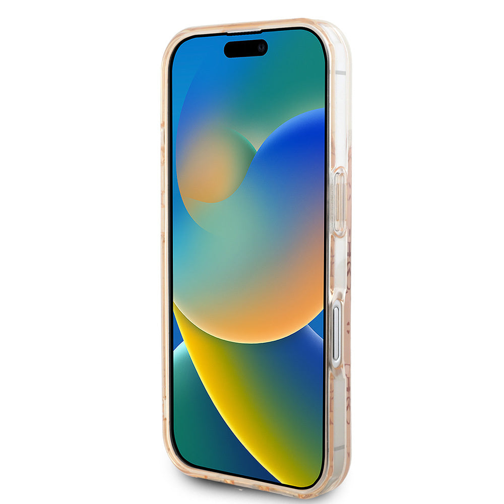Apple iPhone 16 Kılıf Guess Orjinal Lisanslı Magsafe Şarj Özellikli IML Baskılı Klasik Logolu 4G Desenli Kapak Kahverengi