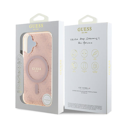Apple iPhone 16 Kılıf Guess Orjinal Lisanslı Magsafe Şarj Özellikli IML Baskılı Klasik Logolu 4G Desenli Kapak Pembe