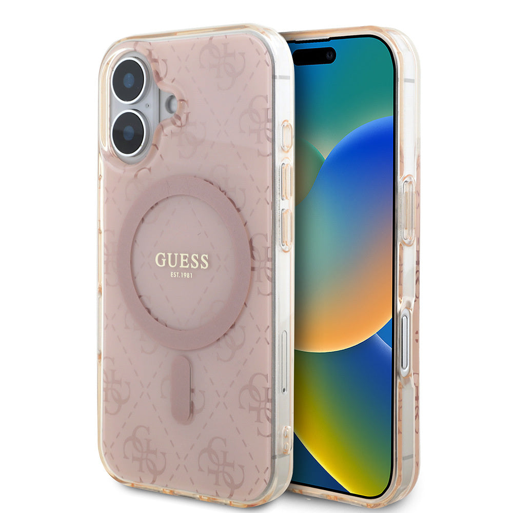 iPhone 16 Kılıf Guess Orjinal Lisanslı M-safe Şarj Özellikli IML Baskılı Klasik Logolu 4G Desenli Kılıf