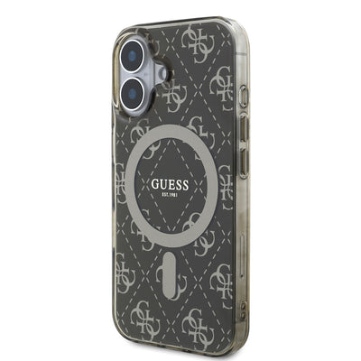 Apple iPhone 16 Kılıf Guess Orjinal Lisanslı Magsafe Şarj Özellikli IML Baskılı Klasik Logolu 4G Desenli Kapak Kahverengi