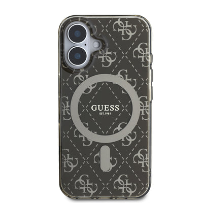 Apple iPhone 16 Kılıf Guess Orjinal Lisanslı Magsafe Şarj Özellikli IML Baskılı Klasik Logolu 4G Desenli Kapak Kahverengi