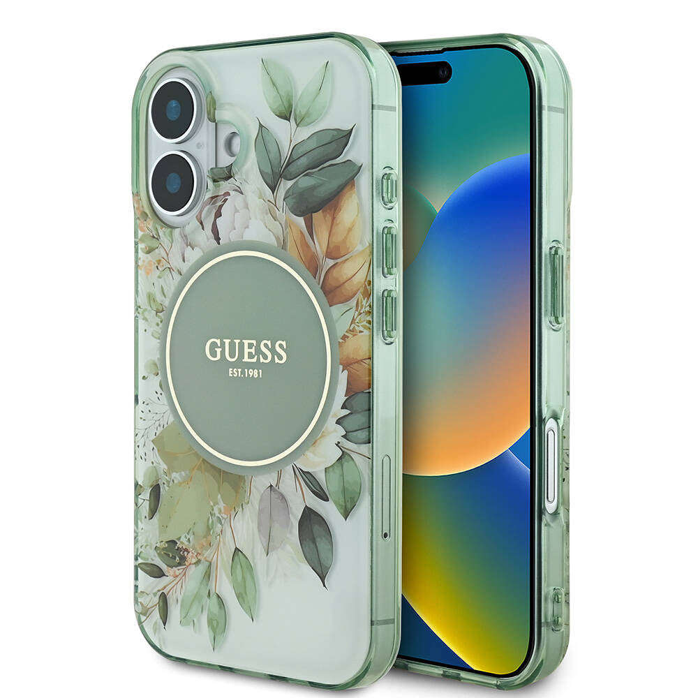 Apple iPhone 16 Kılıf Guess Orjinal Lisanslı Magsafe Şarj Özellikli IML Baskılı Yazı Logolu Flower Tonal Circle Kapak Pembe