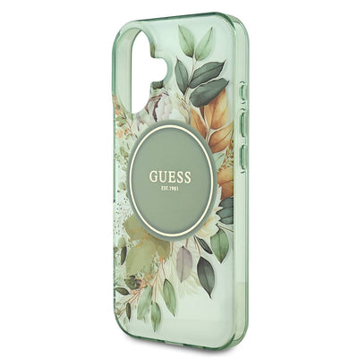Apple iPhone 16 Kılıf Guess Orjinal Lisanslı Magsafe Şarj Özellikli IML Baskılı Yazı Logolu Flower Tonal Circle Kapak Pembe